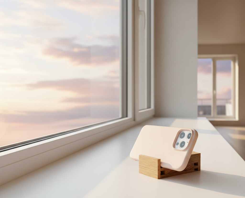Prop cell phone on a red oak adjustable stand. The product sits on a windowsill to illustrate how the phone stand may be used to record a sunrise.