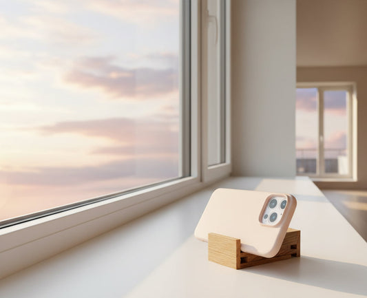 Prop cell phone on a red oak adjustable stand. The product sits on a windowsill to illustrate how the phone stand may be used to record a sunrise.